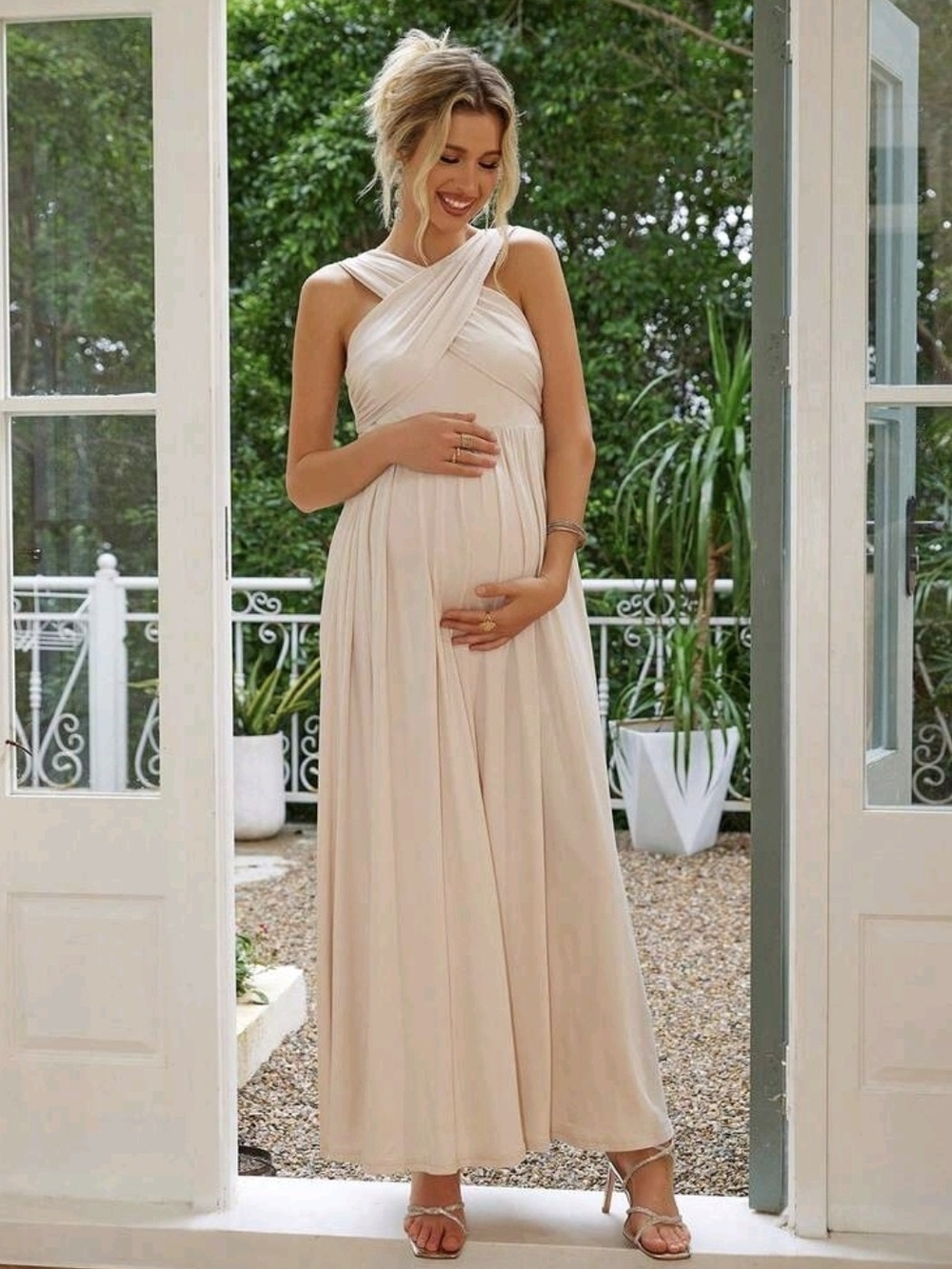 Nude Crossover Pleated Maternity Maxi Dress NEW
